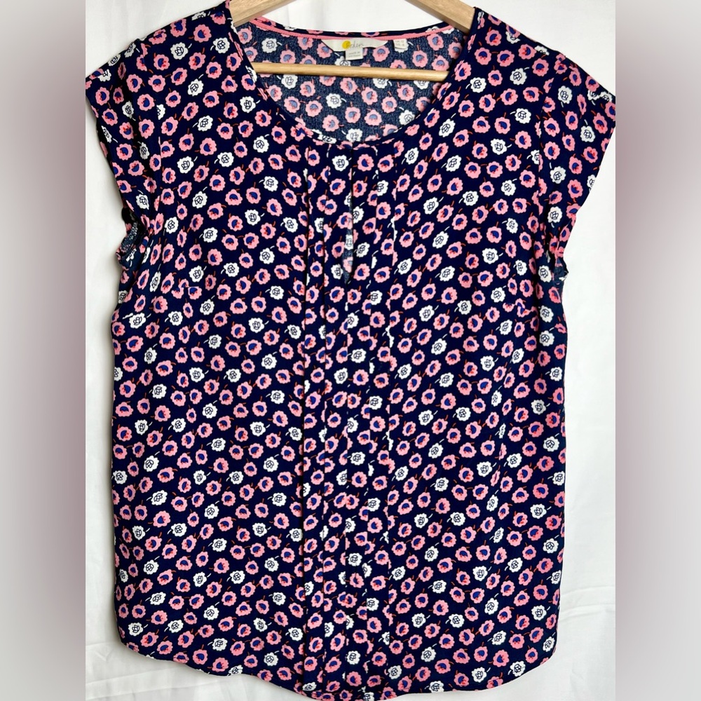 Boden Navy Floral Blouse with Pink and White Flower Accents